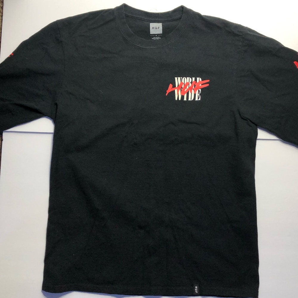 Mens HUF World Wide Masters Long Sleeve T-shirt Black Size Medium Embroidered